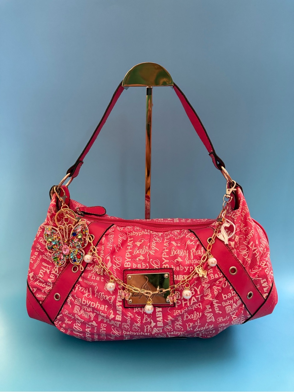 Baby Phat Hot Pink Logo Shoulder Bag with Gold Accents